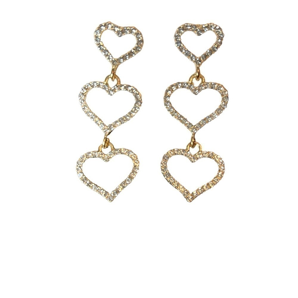 Heart Trio Rhinestone Goldtone Pierced Post Drop Earrings - Picture 7 of 8